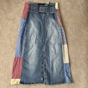 Vintage Mudd Denim Patchwork Maxi Skirt Juniors 3 Y2K Belted Front Slit Ladybug